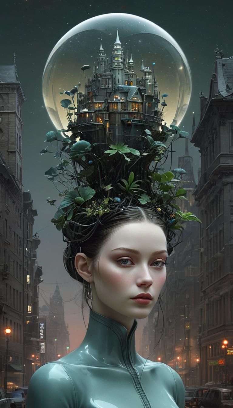 Vibrant Astral Cityscape with Glowing Plant and Girl, in Hyp...