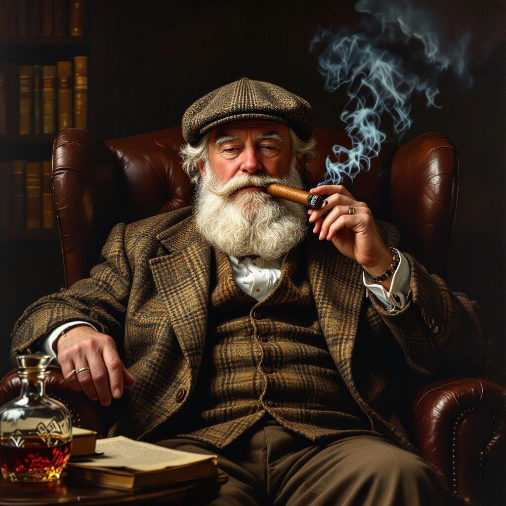 Elderly Gentleman Smoking Cigar in Study, Painterly Style