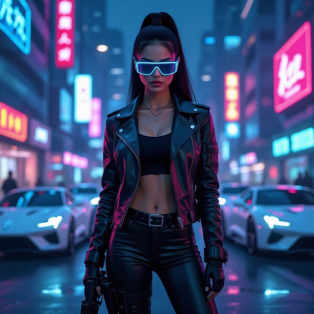 Cyberpunk City Woman with Futuristic Rifle