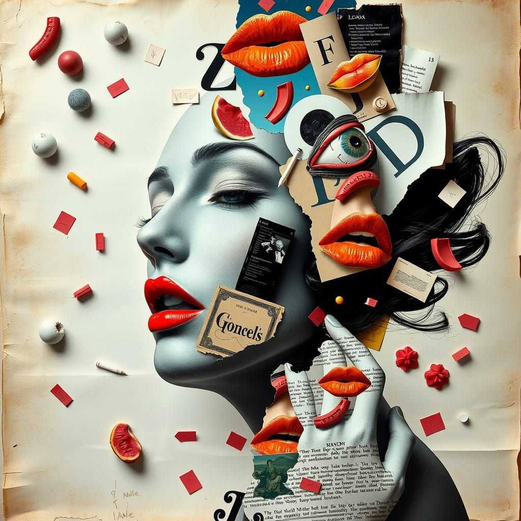 Surrealist Collage in Monochromatic Hues with Geometric Abst...