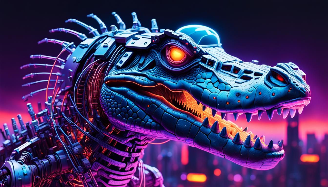 Neon UV X-Ray of Cyberpunk Cyborg Crocodile