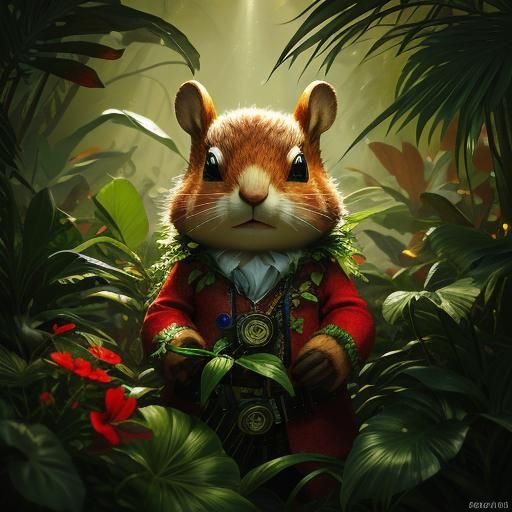 Teddy Squirrel Santa in Jungle Flowers, Hyperrealistic