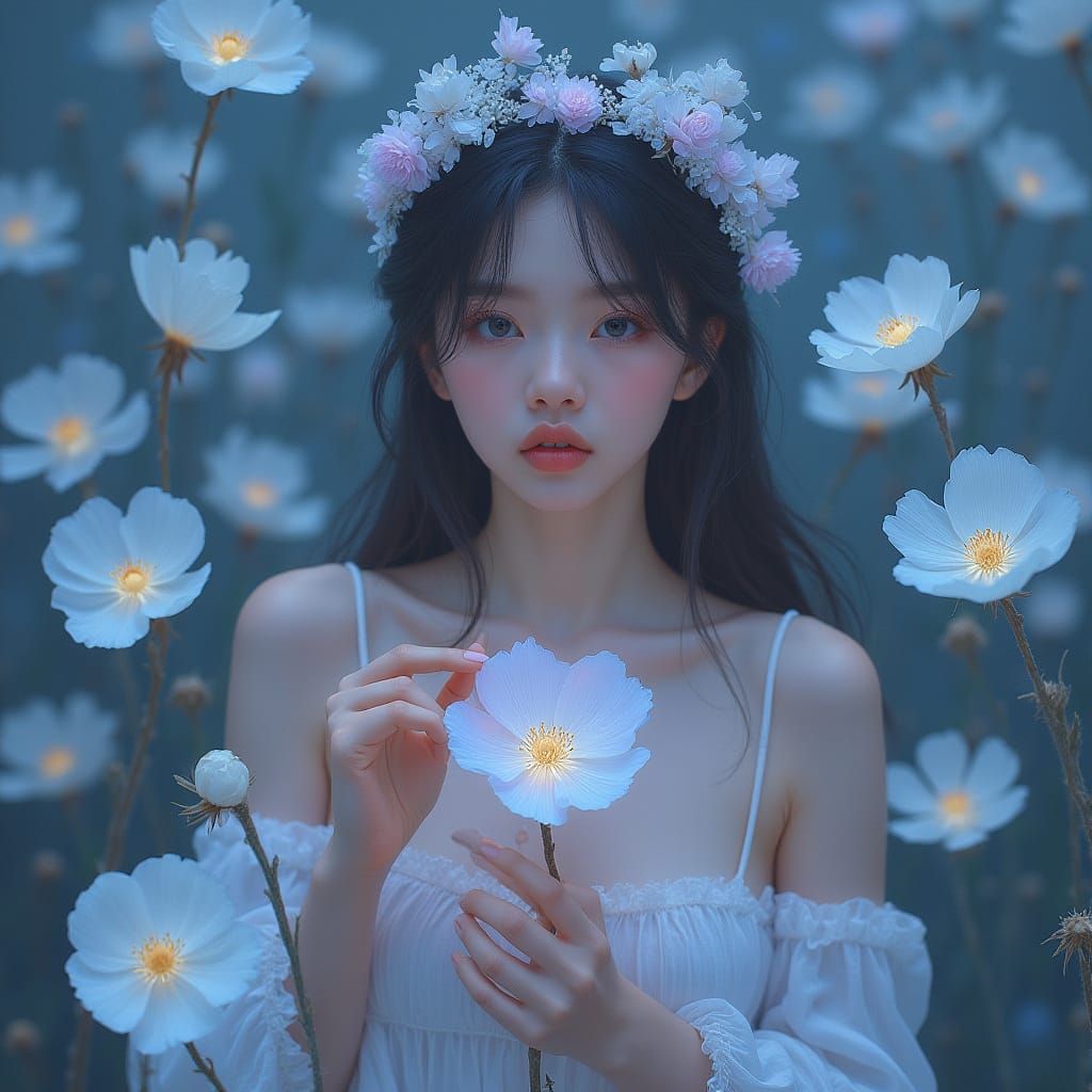 Whimsical Lady Amidst Ghostly Blooms