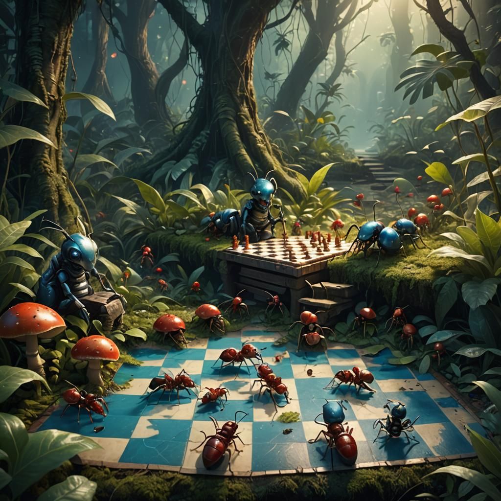 Ant Chess Game in Jungle, Art Nouveau Style