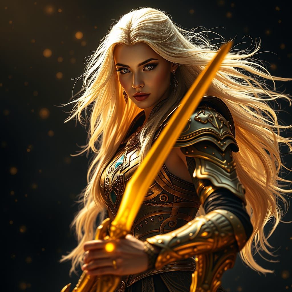 Epic Female Warrior with Golden Sword in Hyperrealistic Styl...