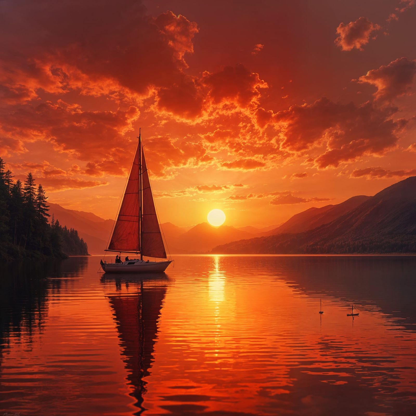 Vibrant Red Sunset Over Still Lake With Sailboat