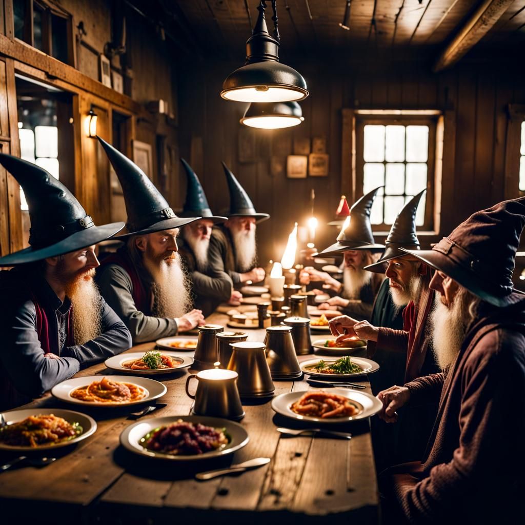 Wizards at Dinner in an Old Diner Hall