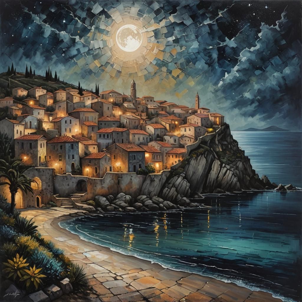 Mediterranean Town Acrylic Painting Under Moonlight
