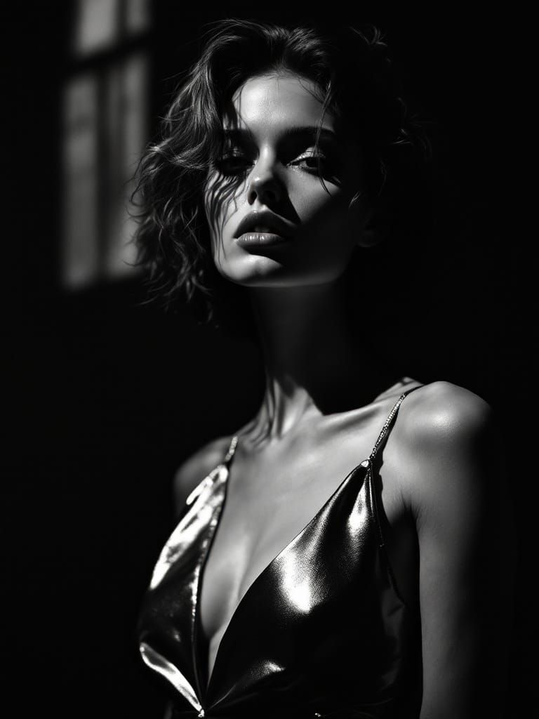 Silver Pin-Up Woman in Noir Dreamscape