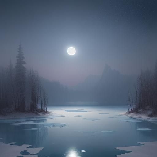 Full Moon Over Frozen Lake with Air Bubbles