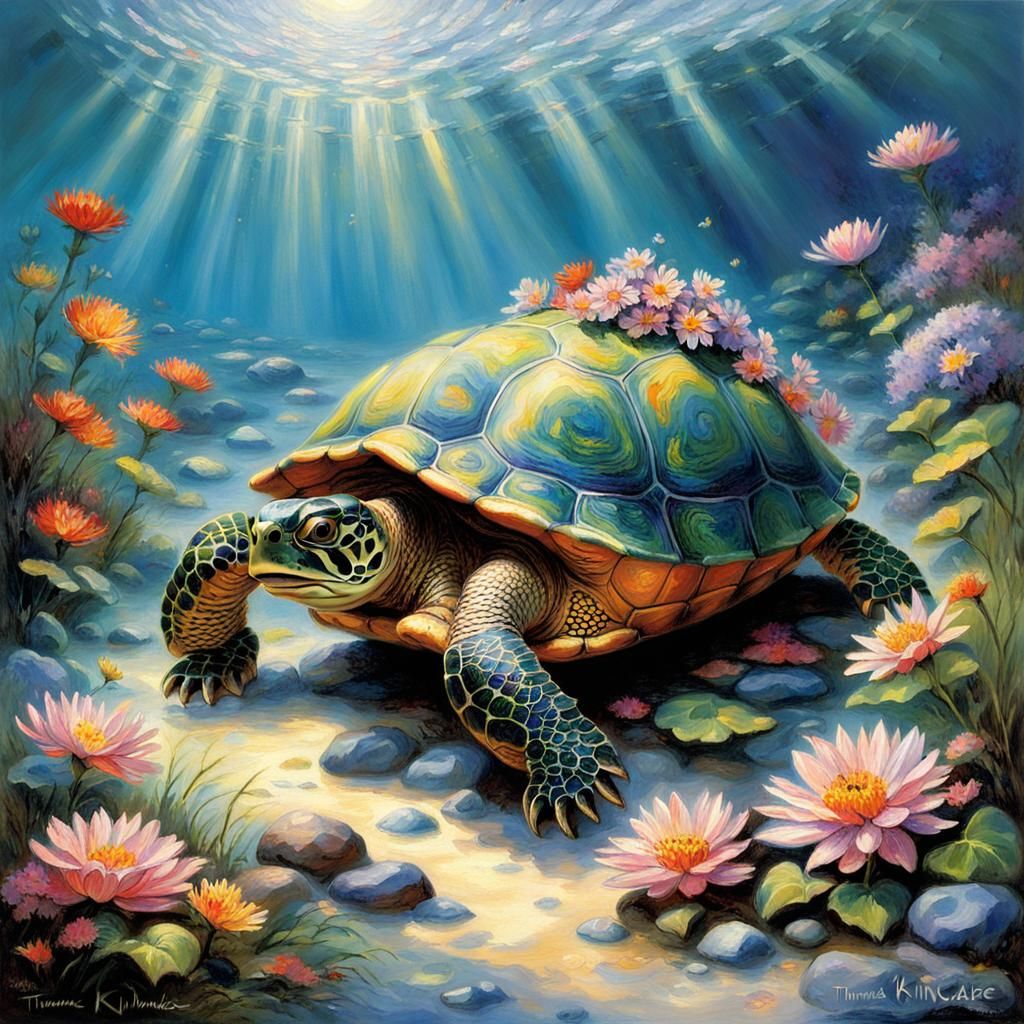 Turtle with Floral Shell in Impressionist Style