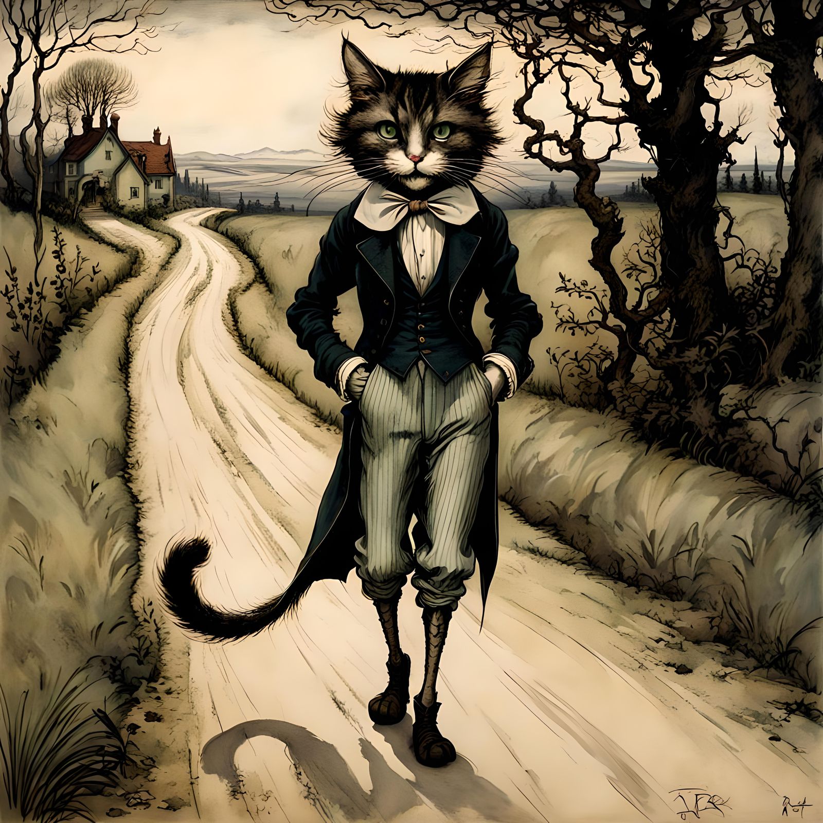 Creepy Tall anthropomorphic cat, full length, wearing pants,...