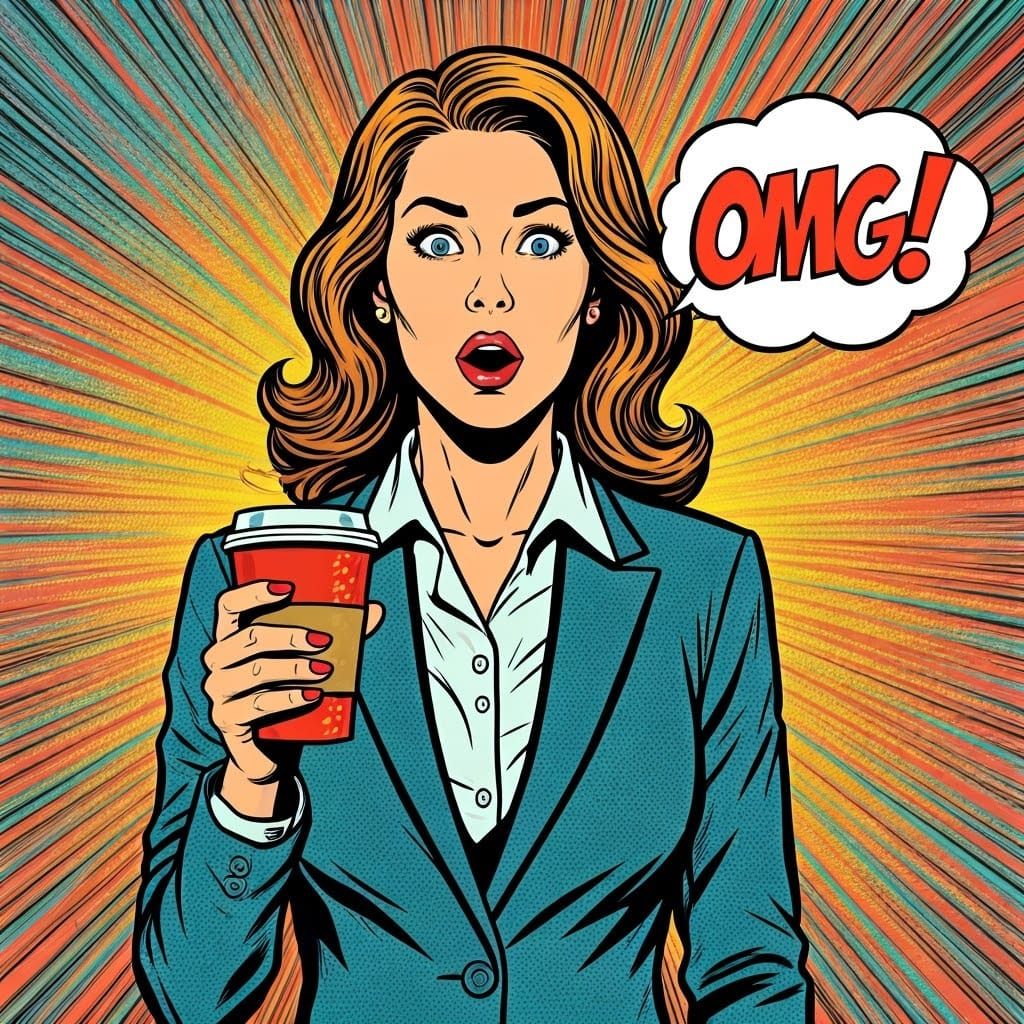 Woman in Business Suit Experiences Shock with Coffee Cup