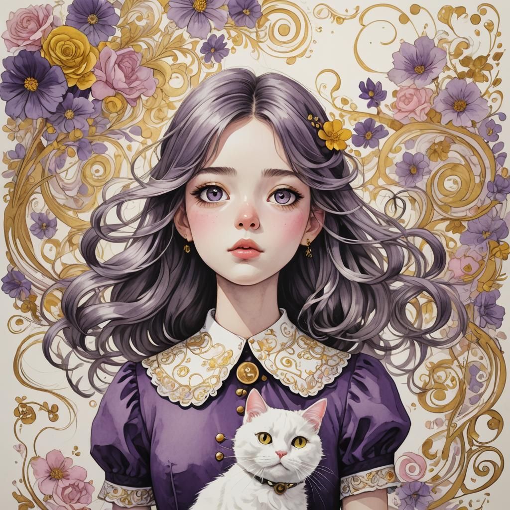 Burtonesque Portrait of Girl with Cat and Floral Backdrop