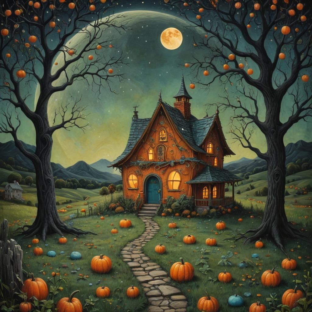 Futuristic Halloween Landscape in Art Brut Style