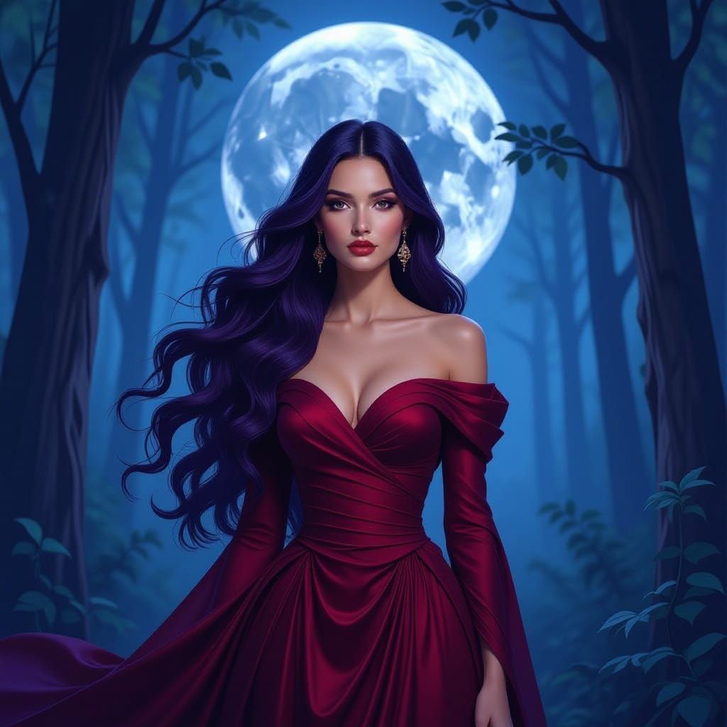 Mysterious Woman in Twilight Forest Under Silver Moon