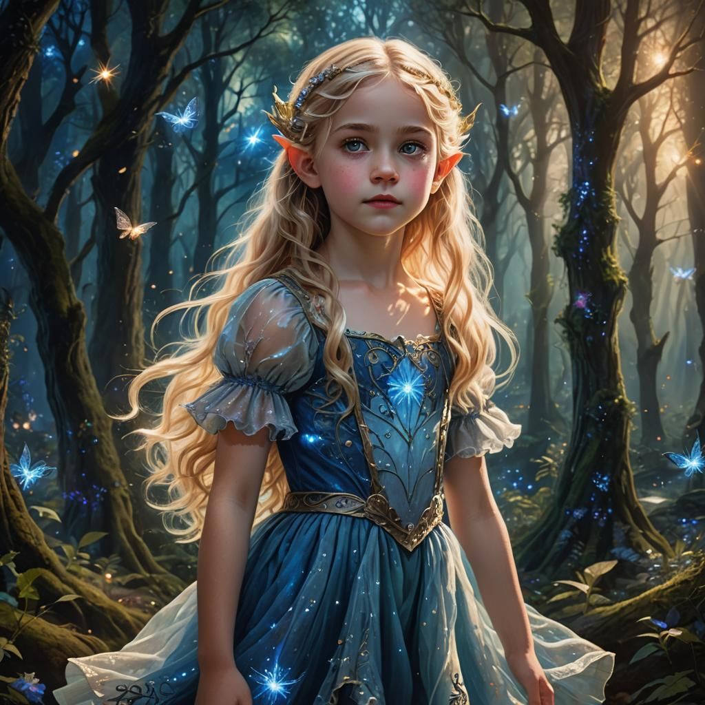 Mystical Blonde Elf Child in Forest