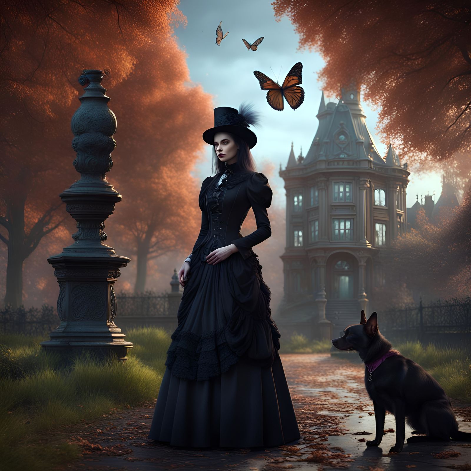 Gothic Woman in Victorian Park with Ghosts