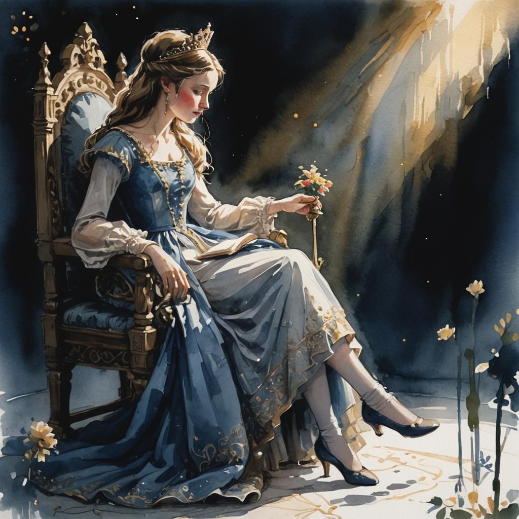 Princess on Throne in Gouache Portrait with Bokeh