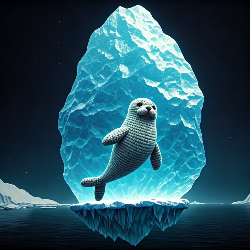 Crocheted Seal in Arctic Dreamscape, Mystical Yarn Art
