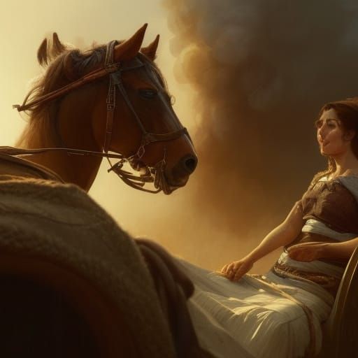 Wagon Escape from Burning City, Art Nouveau Style