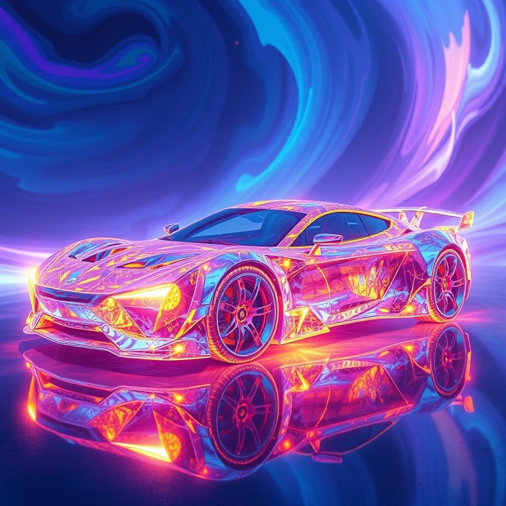 Iridescent Crystal Car in a Swirling Dreamscape