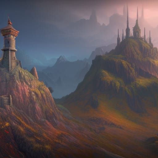 Fantastical Watch Tower on Mountain, Detailed Matte Painting