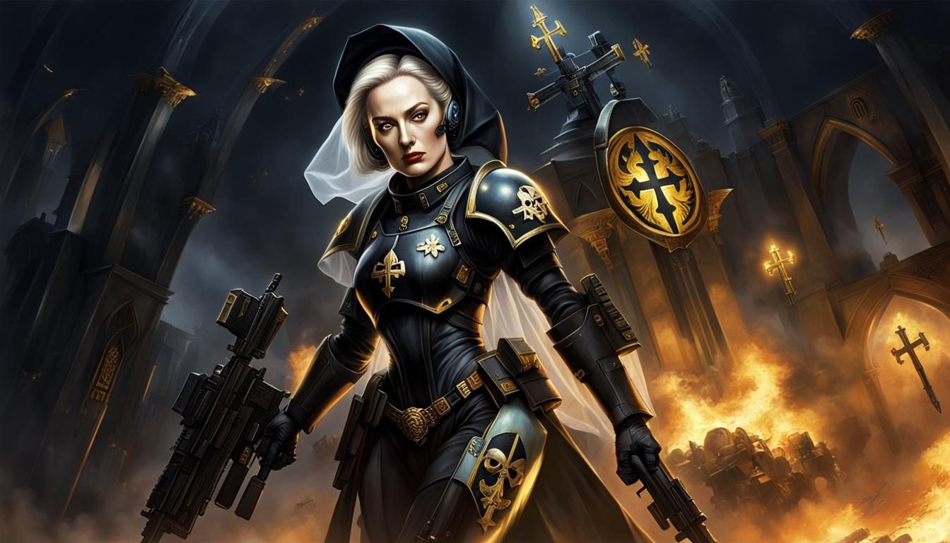 Futuristic Soldier Nun in Warhammer 40k Style