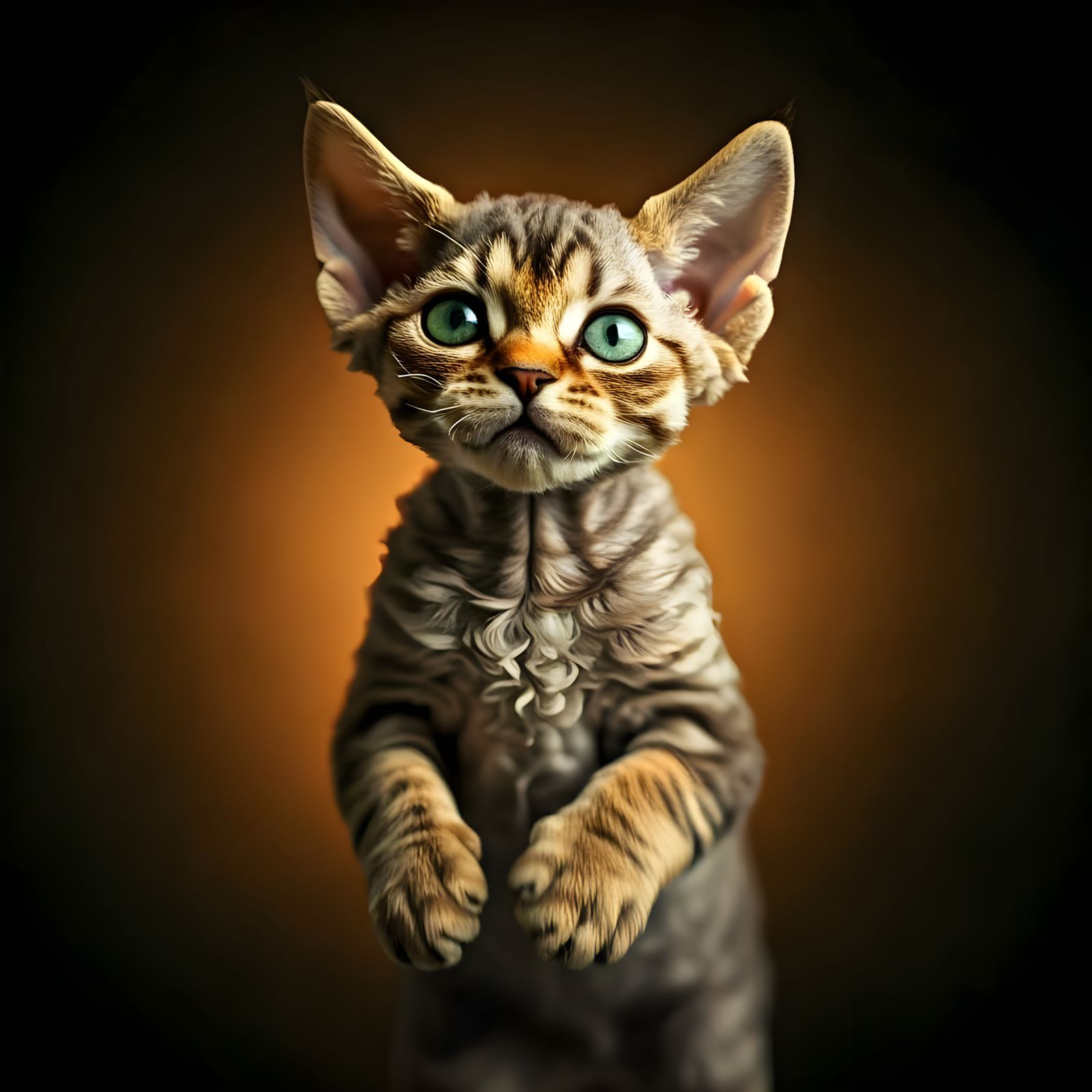 Smiling Smoke-Colored Devon Rex Kitten in Dramatic Lighting
