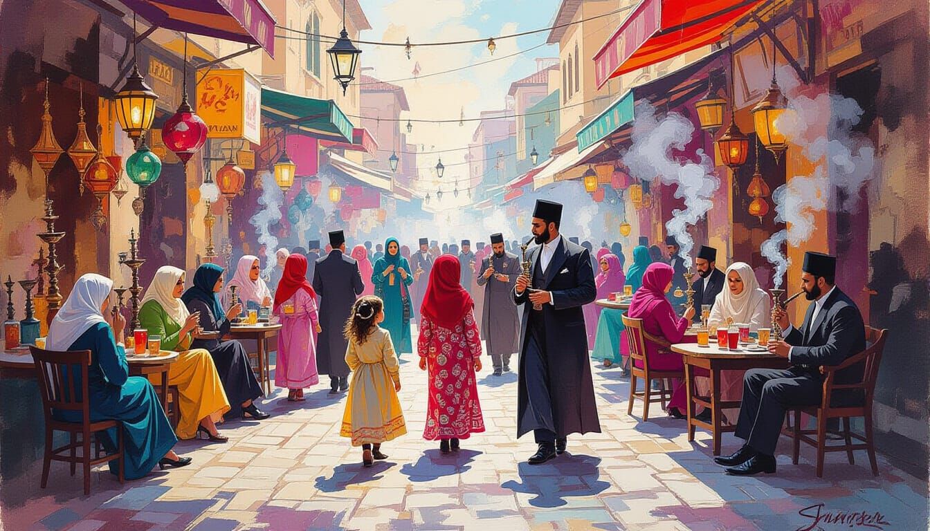 Vibrant Turkish Bazaar Scene in Alcohol Ink Style