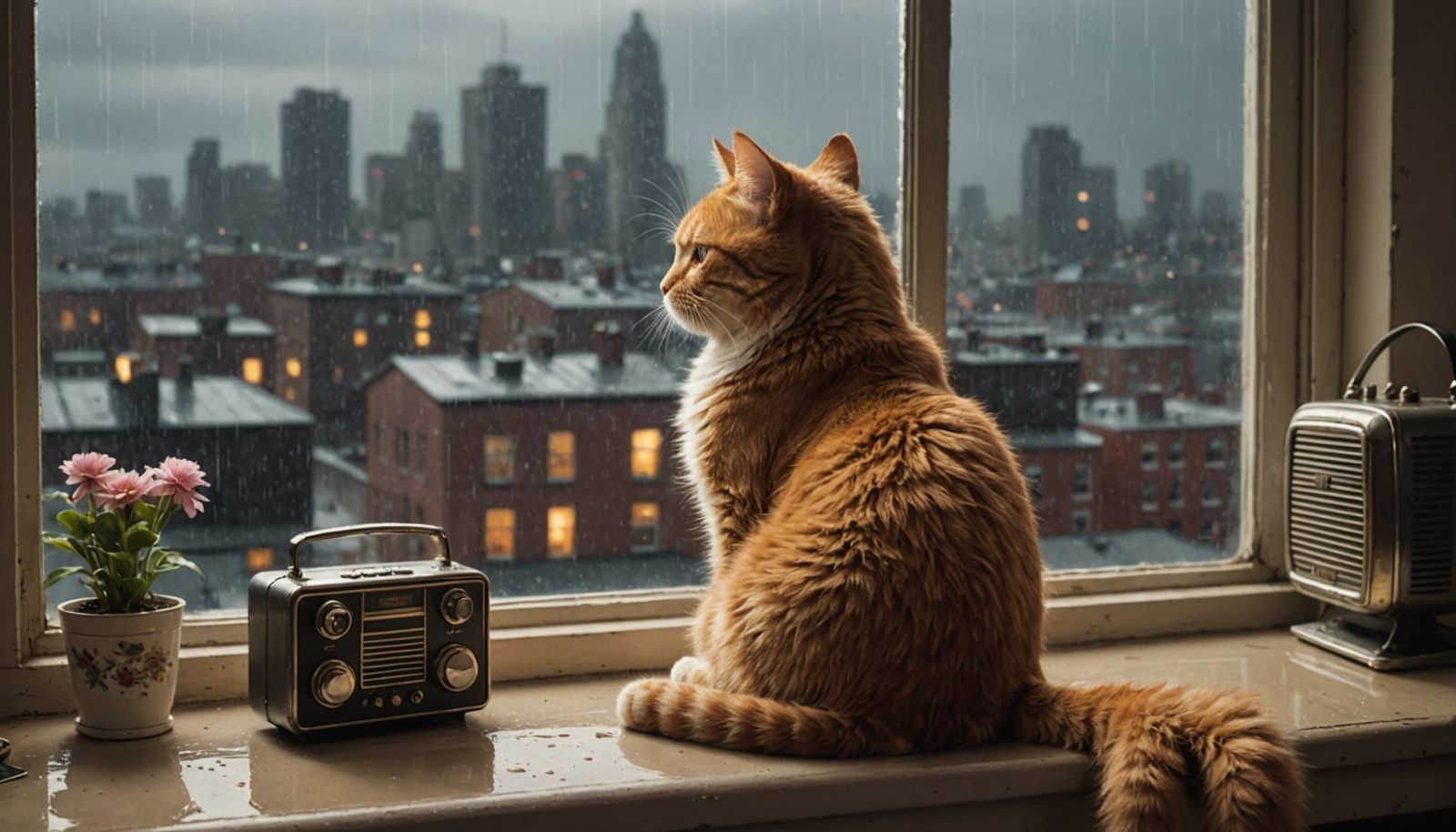 Ginger Cat Gazes at Rainy Cityscape in Storybook Style