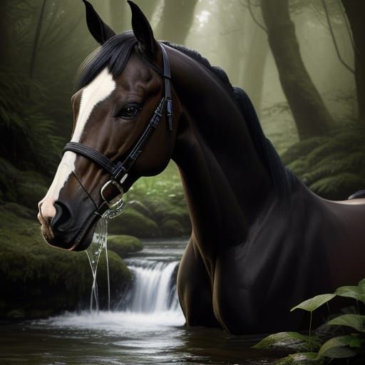 Arabian Pinto Mare in Vibrant Forest Watering Hole