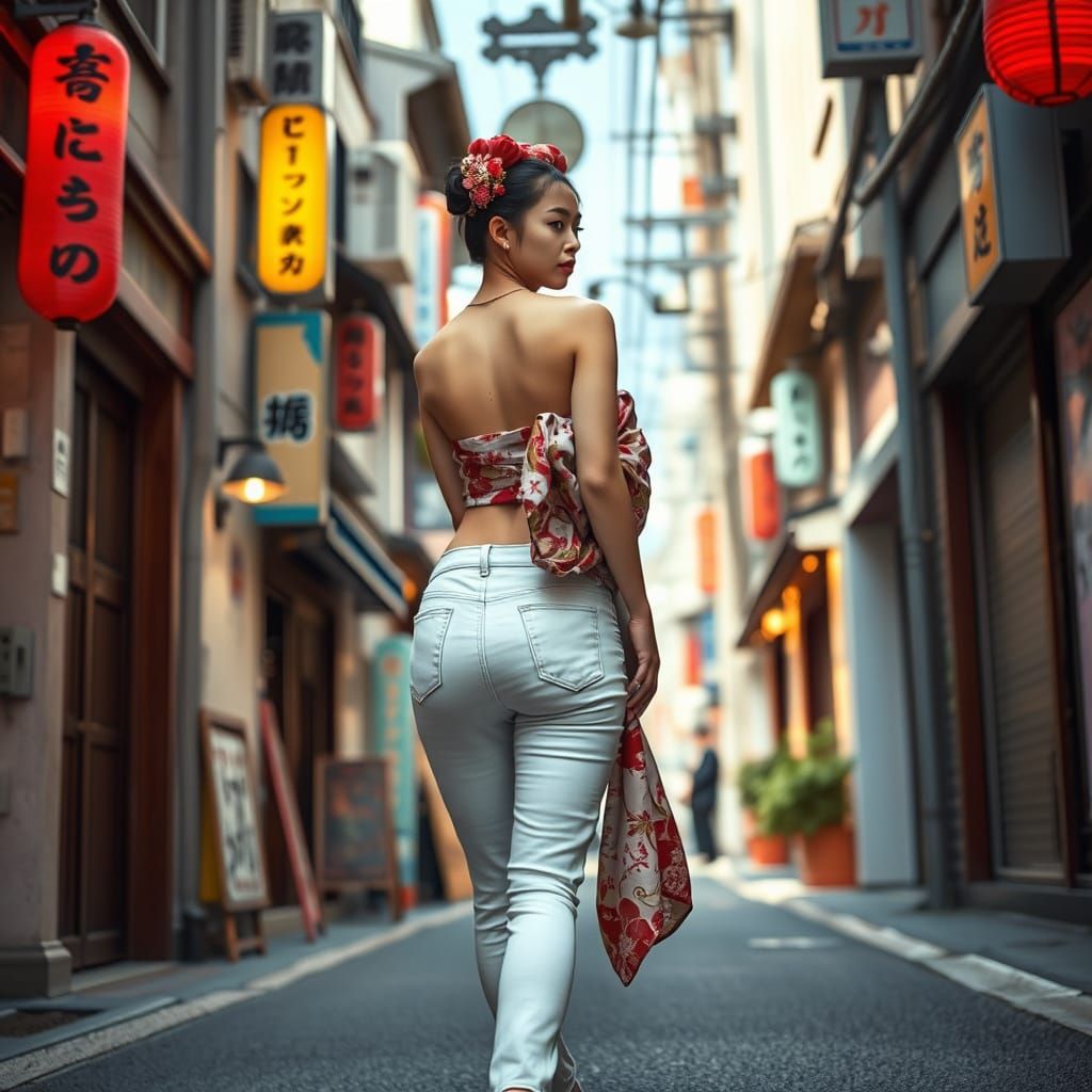 Geisha in Jeans Walking in Tokyo, Digital Art