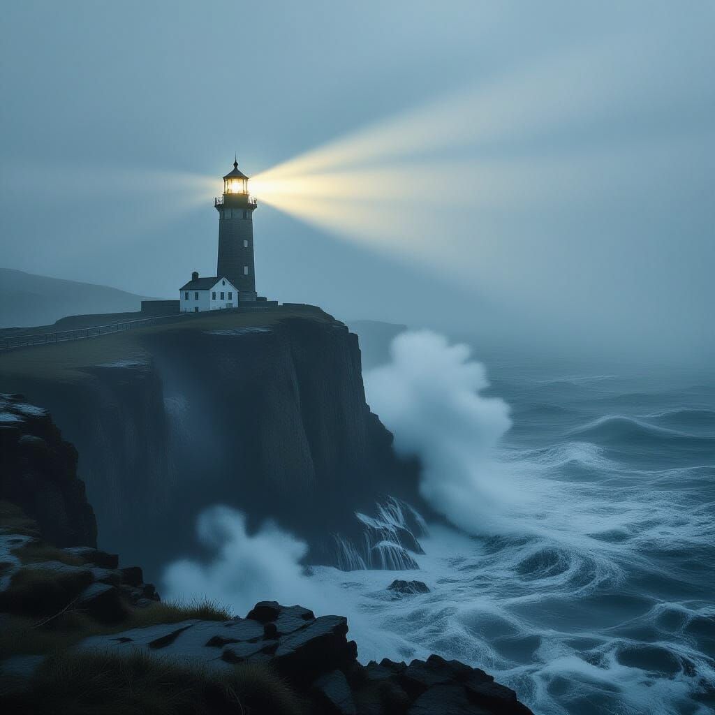 Lighthouse Beam Cuts Through Stormy Fog