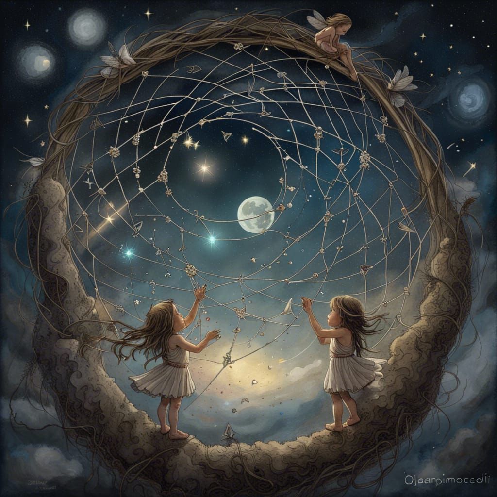 Fairies Weaving a Dreamcatcher Under Starry Sky