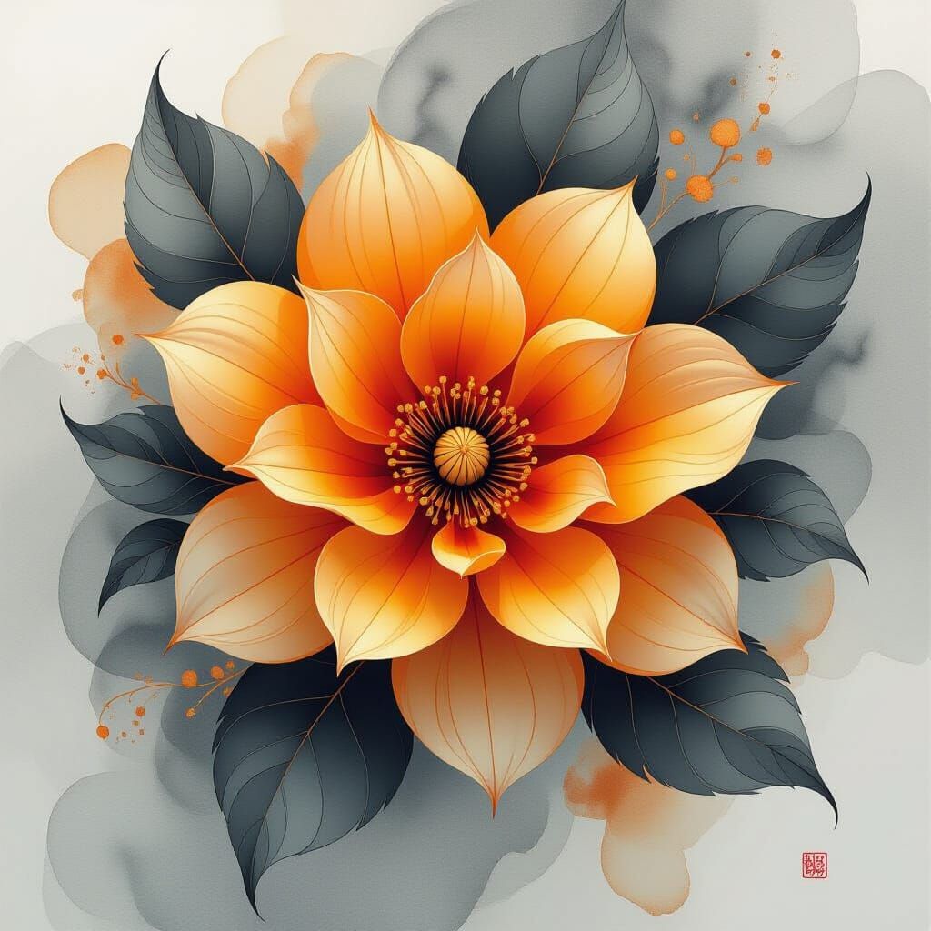 Fiery Bloom Surrounded by Translucent Leaves in Watercolor