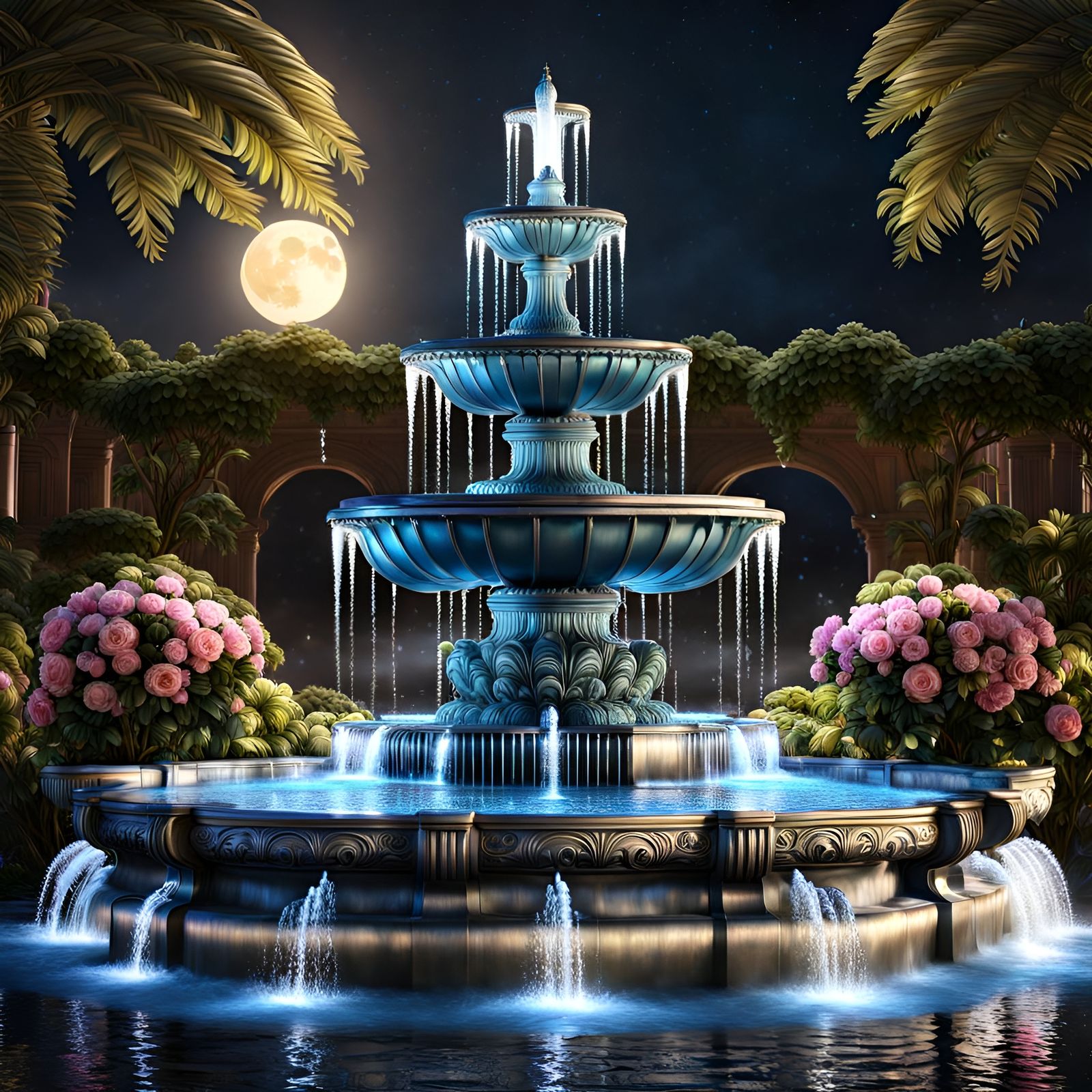 Moonlit Art Deco Fountain in Botanical Garden