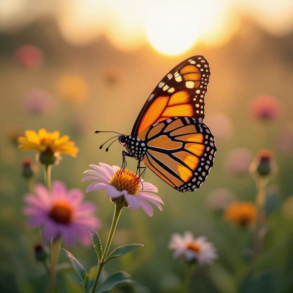 Vibrant Butterfly Above Sunlit Wildflowers in Luminous Style