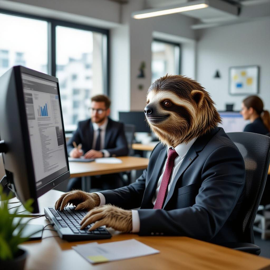 Sloth in Suit Works Diligently at Office Computer