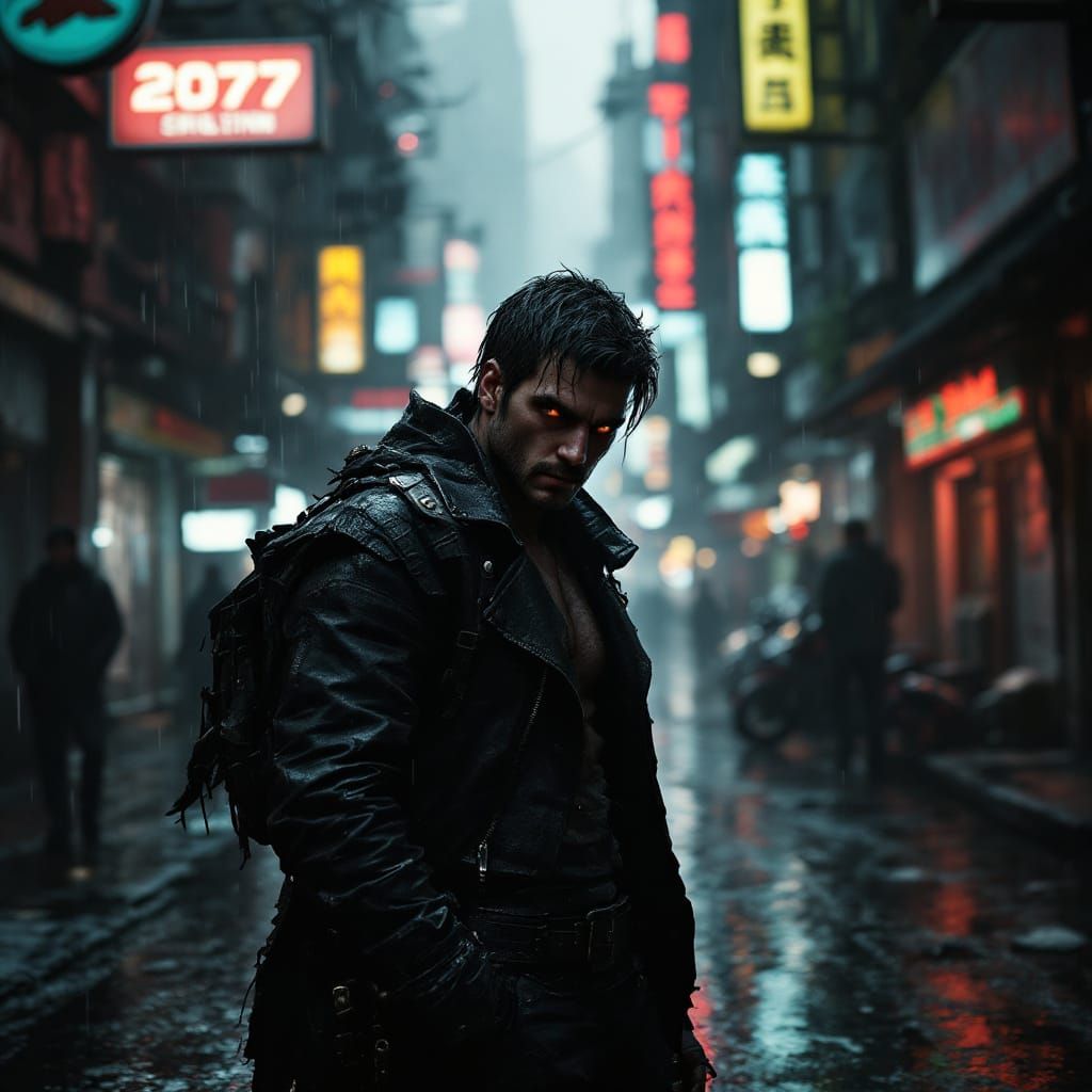 Cyberpunk Biker in Neon Alleyway