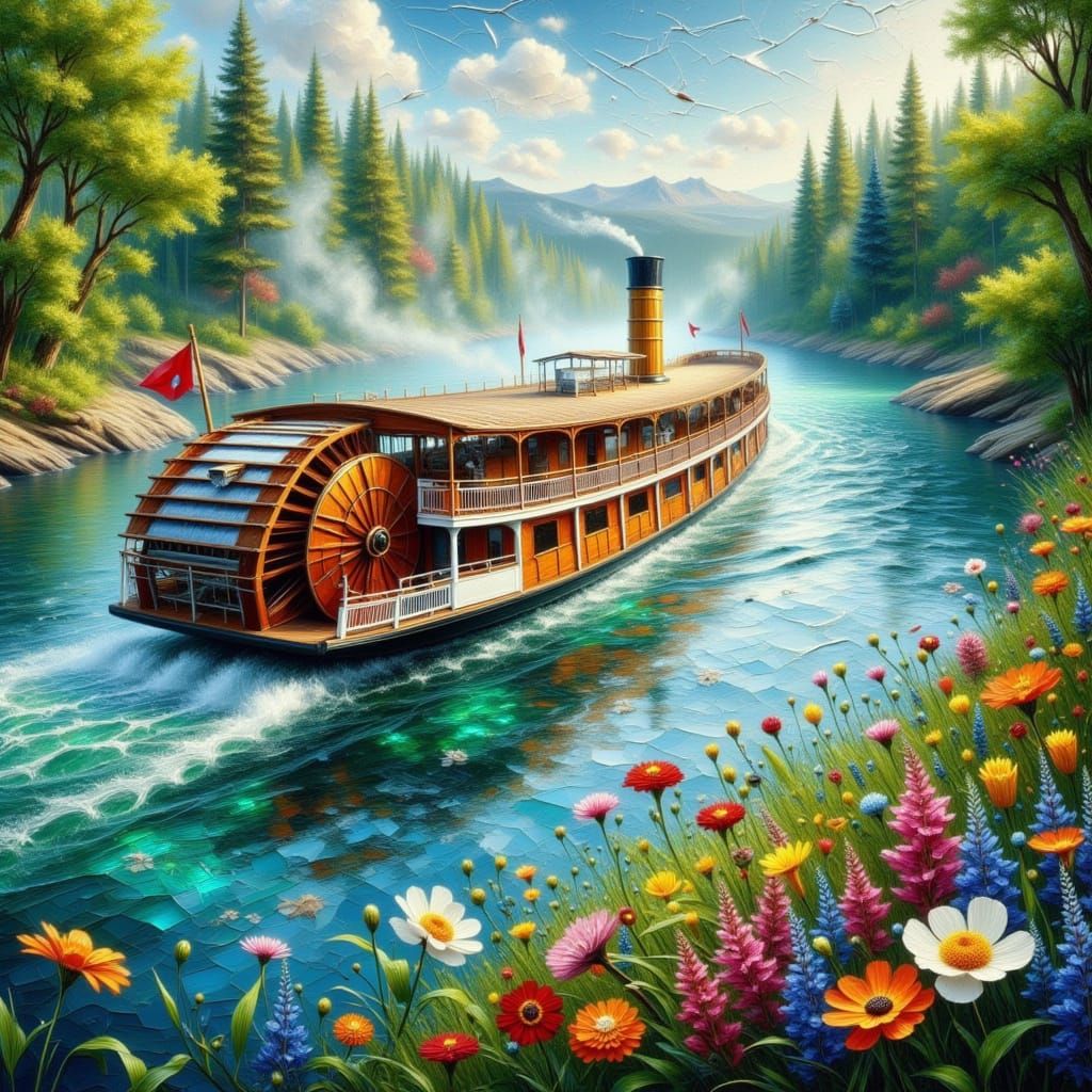 Majestic Paddle-Wheel Boat in Neo-Expressionist Style