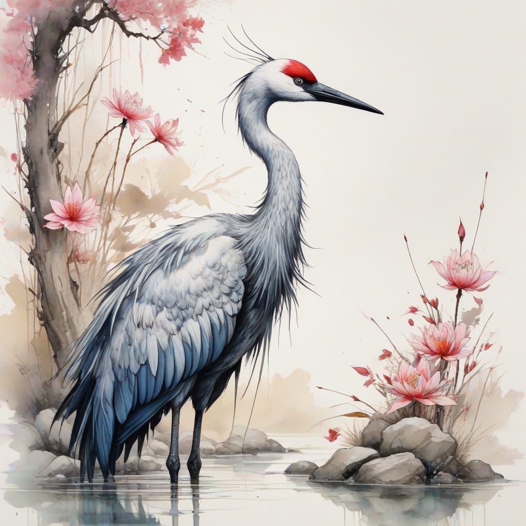 Serene Crane in a Tranquil Zen Garden