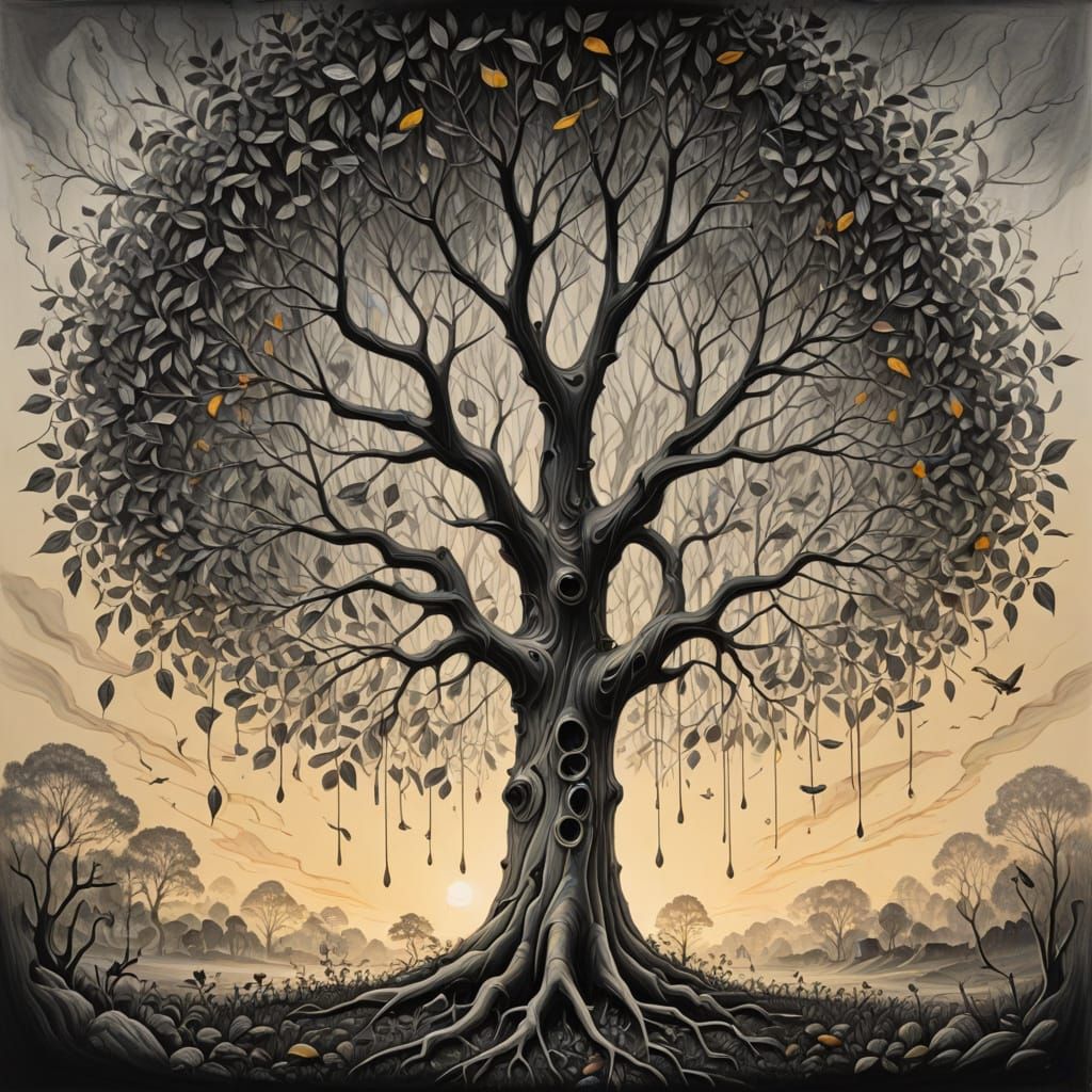 Surreal Pencil Tree Transformation in Golden Hour Light