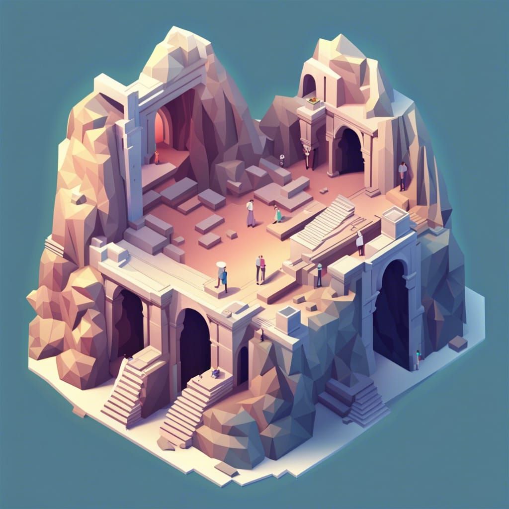 Isometric Low-Poly Ancient Ruins in Cave