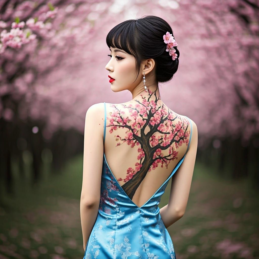 Cherry Blossom Forest: Woman with Floral Tattoo
