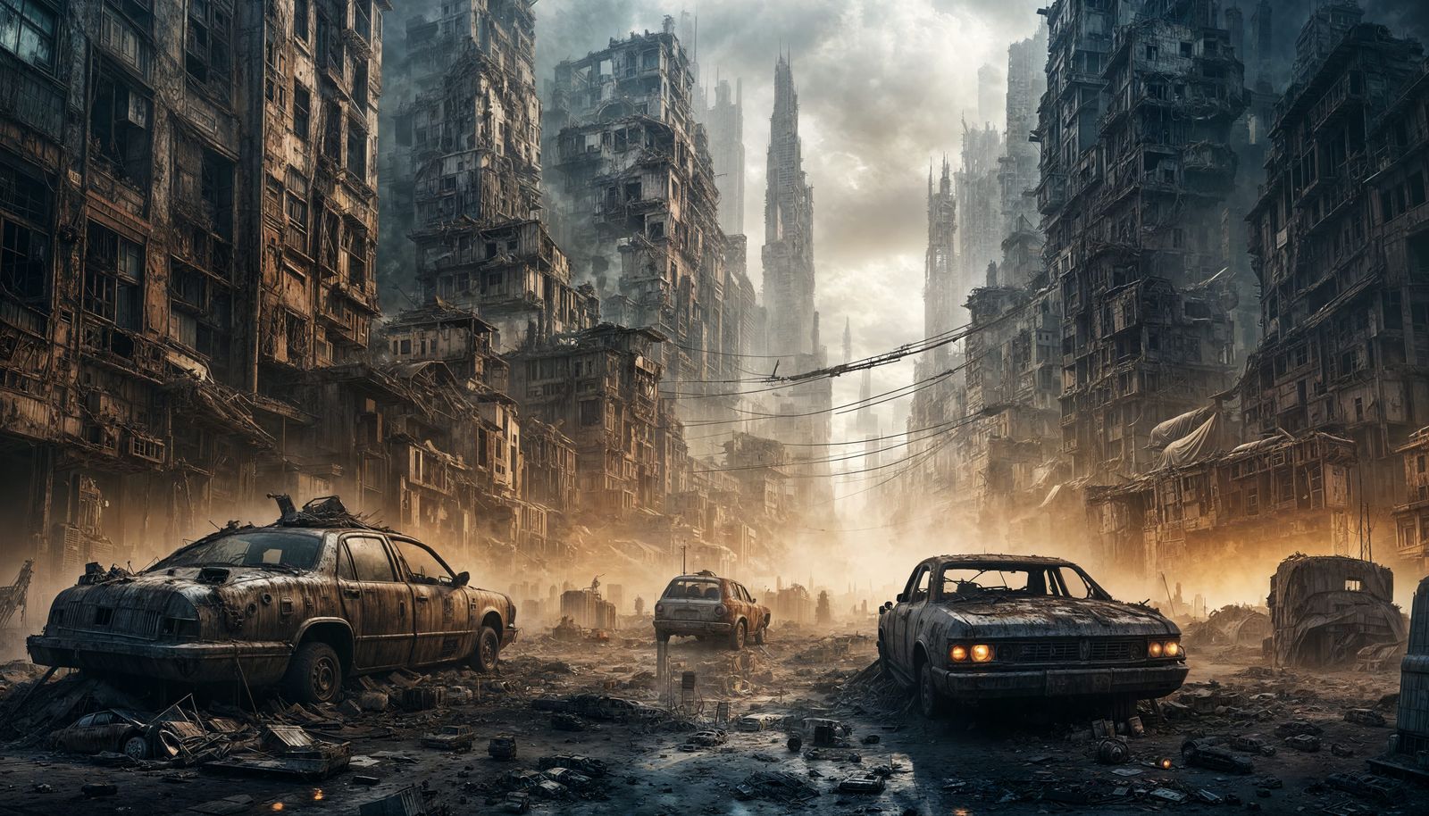 Post-Apocalyptic Surreal Cityscape with Rusted Vehicles