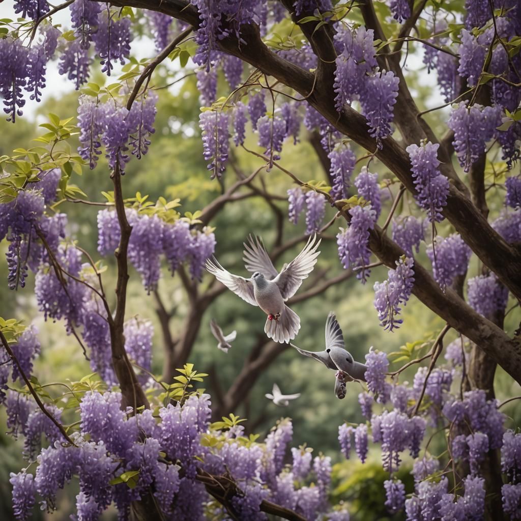 Wisteria Tree with Dove in Flight: Photography