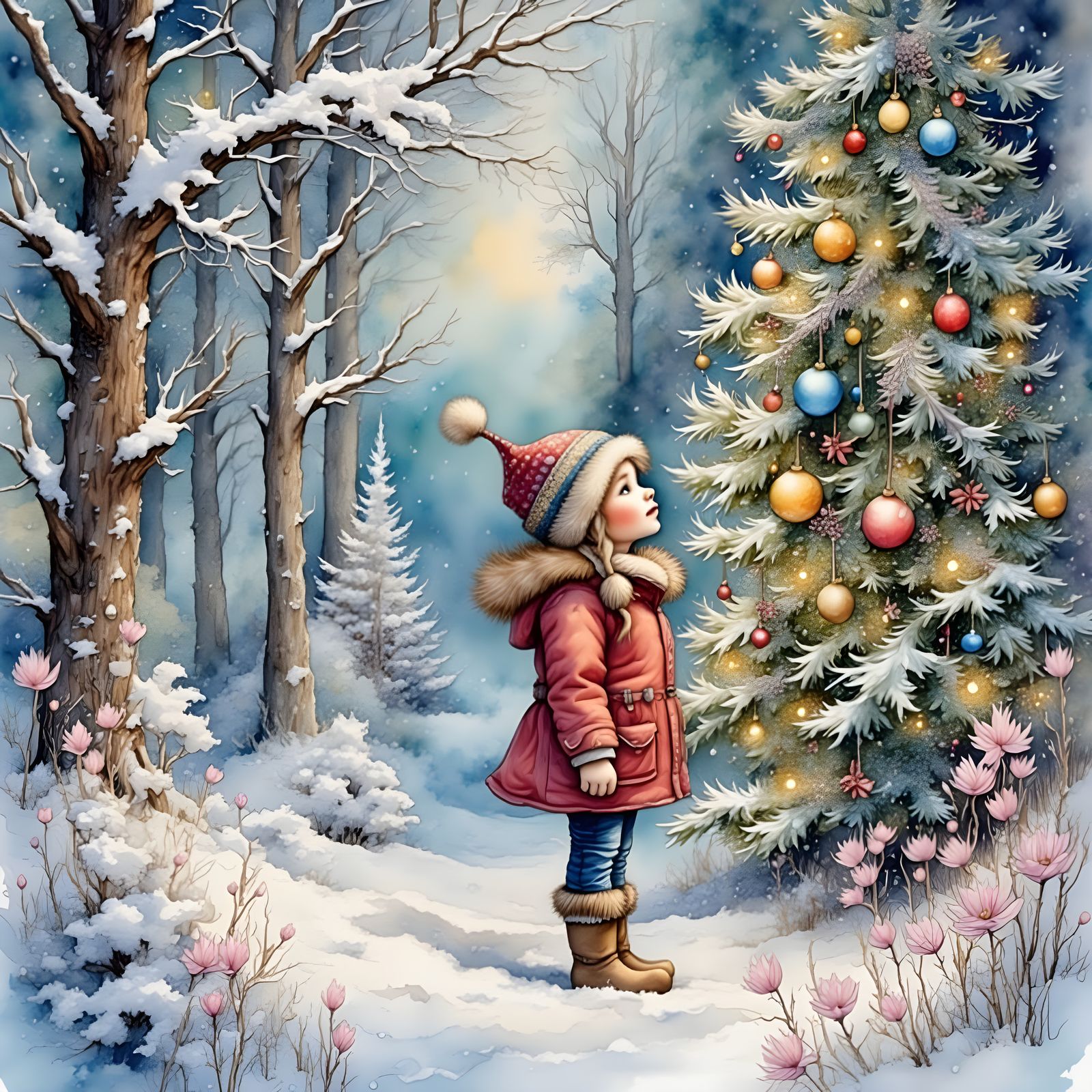 Whimsical Watercolor Christmas Scene with Little Girl Smilin...