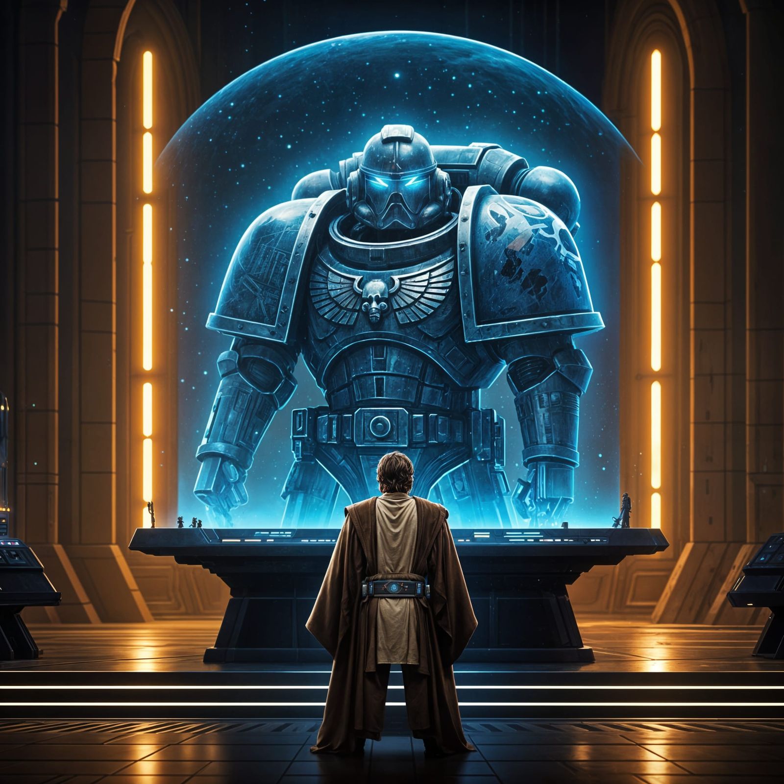 Obi-Wan Contemplates a Space Marine Hologram