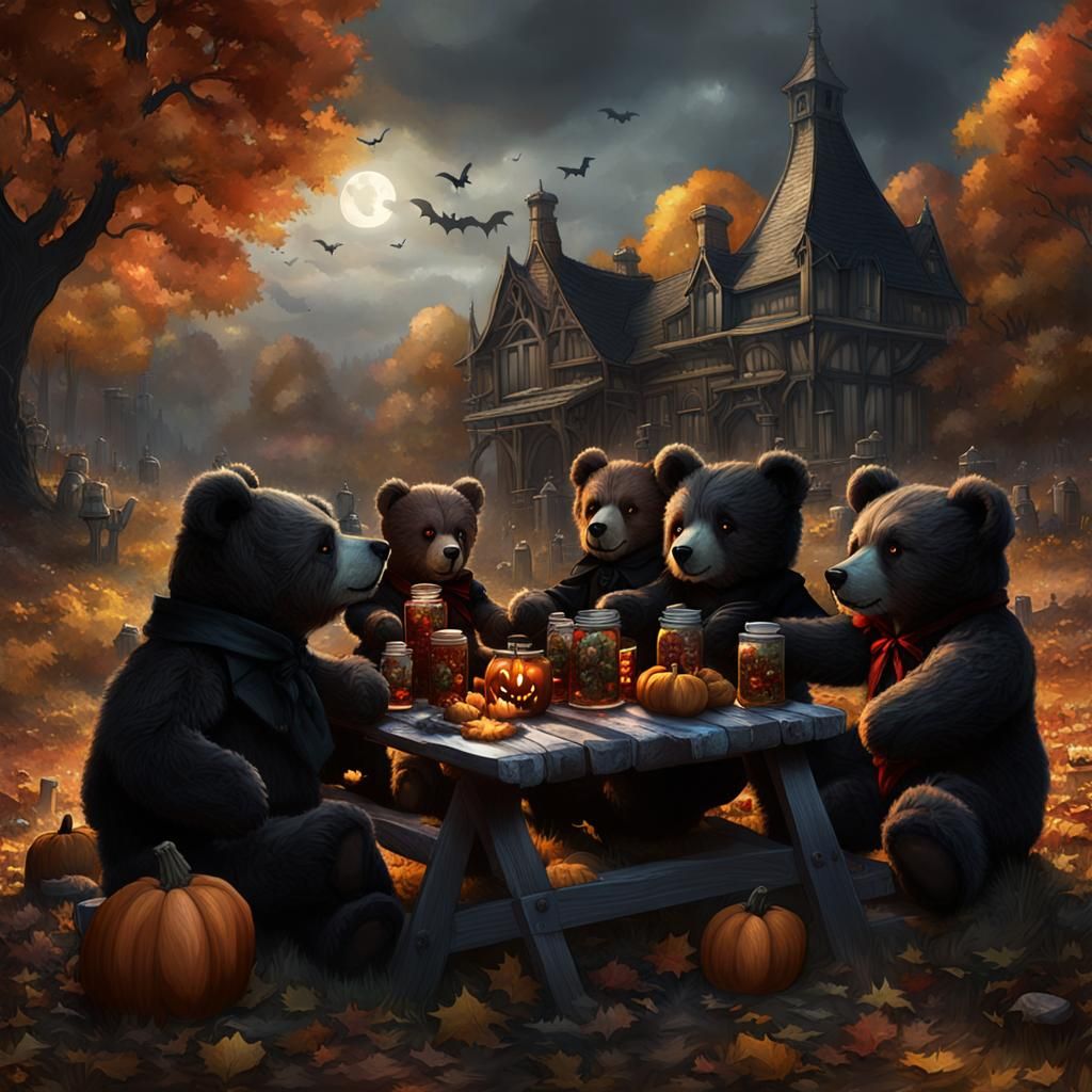 Gothic Teddy Bear Halloween Picnic in Dark Fantasy Style